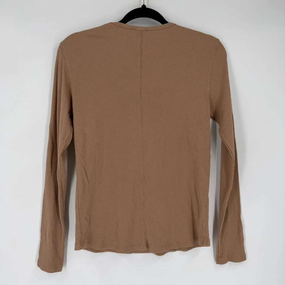 Magaschoni Ribbed Long Sleeve Top Womens‎ Large Tan Pima Cotton Modal Minimalist